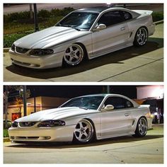 two pictures of a silver car parked on the street