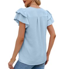 Light Blue Chiffon V-neck Ruffled Short Sleeve Top Solid Chiffon V-neck Tops, Chiffon V-neck Tops, Summer Chiffon Top With Ruffle Sleeves, Casual Blue Chiffon Top, V-neck Blouse With Ruffles, Flowy Blue Blouse With Ruffles, Blue Flowy Blouse With Ruffles, Chic Blue Blouse With Flutter Sleeves, Ruffle Shorts