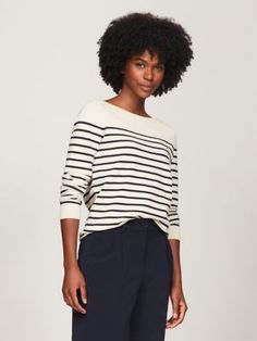 Stripe Boatneck Sweater | Tommy Hilfiger Spring Sweater With Horizontal Stripe Pattern, Striped Sweater For Work, Tommy Hilfiger Cotton Sweater For Spring, Tommy Hilfiger Spring Cotton Sweater, Tommy Hilfiger Striped Tops For Spring, Boatneck Sweater, Wardrobe Basics, Tommy Hilfiger Women, Striped Sweater