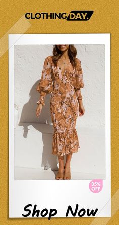 Summer Chic Ruffle Printed V Neck Long Sleeve Slim Dress Fall Midi Dress With Ruffle Hem For Garden Party, Fall Midi Dress With Ruffle Hem For Brunch, Fall Garden Party Midi Dress With Ruffles, Long Sleeve Midi Dress With Ruffles For Date Night, Fall Fitted Midi Dress With Ruffle Hem, Long Sleeve Midi Dress With Ruffles For Brunch, Long Sleeve Midi Dress With Ruffles For Day Out, Fitted Ruffle Midi Dress For Fall, Fall Midi Dress With Ruffles For Day Out