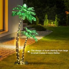 a palm tree with lights on it in front of a house and the words design of trunk starting from large to small makes it more lifelike