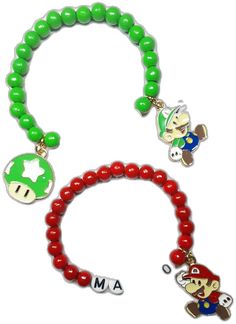 Themed Green Beaded Bracelets As Gift, Green Themed Beaded Bracelets As Gifts, Themed Green Beaded Bracelets For Gifts, Green Novelty Jewelry With Letter Beads, Playful Wooden Beads Jewelry For Gifts, Gaming Characters, Mario Luigi, Cute Bracelet, Mario And Luigi