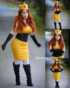 the woman is dressed up as a princess in yellow and black clothing with long red hair