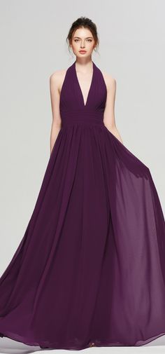 Plum purple Long Bridesmaid Dresses Halter V Neck Purple V-neck Bridesmaid Evening Dress, Purple Floor-length Bridesmaid Dress For Prom, Purple Floor-length Evening Dress With Pleated Bodice, Elegant Floor-length Purple Bridesmaid Dress For Prom, Floor-length Purple Bridesmaid Dress For Prom, Purple Wedding Evening Dress With Pleated Bodice, Purple Maxi Dress For Bridesmaids And Prom, Purple Floor-length Maxi Dress With Ruched Bodice, Purple Wedding Gown With Ruched Bodice