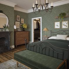 a bed sitting in a bedroom next to a fireplace