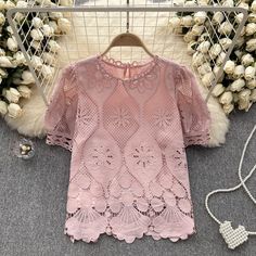 One Size: Bust:100cm, Length:60cm, Sleeve:29cmDress Patterns: PulloverThickness: StandardFabric Type: LaceMaterial: Microfiber,Nylon,Polyester,Cotton,AcrylicGender: WomenCollar: O-Neck&ltp&gtStyle: Casual&lt/p&gt&ltbr/&gt&ltp&gtFit Type: Regulai Fit&lt/p&gt&ltbr/&gt&ltp&gtSeason: Summer&lt/p&gt&ltbr/&gt&ltp&gtAge: 20-34&lt/p&gt&ltbr/&gt&ltp&gtShirts Type: Blouses&lt/p&gt&ltbr/&gt&ltp&gtDecoration: Lace&lt/p&gt&ltbr/&gt&ltp&gtSleeve Length(Cm): Short&lt/p&gt&ltbr/&gt&ltp&gtClothing Length: Regula Cheap Pink Lace Top Blouse, Feminine Summer Crew Neck Blouse, Feminine Crew Neck Spring Blouse, Pink Crew Neck Blouse For Party, Pink Long Sleeve Lace Top For Summer, Casual Non-stretch Blouse With Lace Patchwork, Spring Lace Button-up Blouse, Casual V-neck Blouse With Crochet Lace, Feminine Lace Button-up Blouse