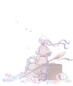 a woman sitting on top of a suitcase next to flowers and holding a long stick