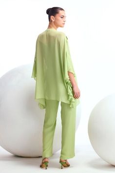 Pear top with floral applique, sequin embroidery. Paired with inner and pant. - Aza Fashions Spring Wedding Pant Set In Georgette, Spring Wedding Georgette Pant Set, Spring Wedding Georgette Top, Spring Party Silk Pant Set, Fitted Silk Pant Set For Summer, Green Texture, Sequin Embroidery, Embroidery Floral, Top And Pants Set