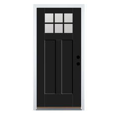 a black door with two windows on the top and bottom panel, in front of a white background