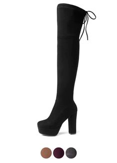 Introducing the Fabiana Women's Platform Over the Knee Boots by USS Shoes, designed for comfort and style. These boots feature a square heel and faux suede upper for an elegant look. The stretch and spandex lining provide a perfect fit while the rubber outsole ensures durability. Perfect for any season, these boots are a must-have for any office lady. Fitted Synthetic Boots With Block Heel, Fitted Synthetic Heeled Boots With Block Heel, Trendy Fitted Synthetic Heeled Boots, Fitted Synthetic Platform Boots With Square Toe, Trendy Suede Knee-high Boots With High Heel, Fitted Knee-high Platform Heeled Boots, Fitted Suede Heeled Boots With Square Toe, Trendy Fitted Platform Heeled Boots, Trendy Fitted Knee-high Synthetic Boots