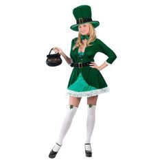 a woman dressed in a green lepreite costume holding a pot and wearing a hat