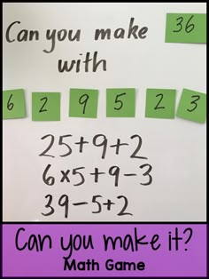 a white board with green stickers on it that says can you make with numbers?