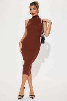 Available In Hunter And Cognac. Sweater Midi Dress Sleeveless Mock Neck Stretch 50% Rayon 30% Polyester 20% Nylon Imported | Take Me To Work Sweater Midi Dress in Cognac Brown size XL by Fashion Nova Sleeveless Stretch Midi Dress For Fall, Stretch Sleeveless Midi Dress For Fall, Sleeveless Bodycon Midi Dress For Winter, Chic Fitted Brown Sleeveless Dress, Sleeveless Bodycon Midi Dress For Fall, Fall Sleeveless Solid Dresses, Fitted Brown Sleeveless Dress For Fall, Brown Ribbed Dress For Date Night, Solid Sleeveless Dress For Fall