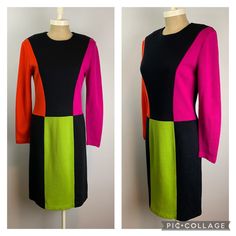 "Color Block Sheath Knit Dress Zipper back Padded shoulders  Black, Orange, Magenta, Chartreuse  Fits like: Labeled size Small Fabric: 70% acrylic, 30% wool Brand: Outlander Condition: Very good.  Length: 39\" from back neckline to hem  Chest: 34-35\" Waist: 30\" Hips: 36\" Shoulders (seam to seam): 15.5\" Sleeve: 23\"" 80s Color Block, Multicolor Knee-length Color Block Dress, 1960s Color Block Dress, Fitted Multicolor 1970s Dresses, Orange V-neck Color Block Dress, Lurex Dress, Dress Zipper, Dress Vintage, Black Orange