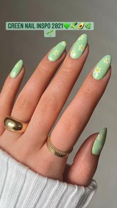 Green Acrylic Nails, Green Nail Art, Green Nail Designs, Easy Nails, Green Nail, Almond Nails Designs, Almond Acrylic Nails, Blue Nail