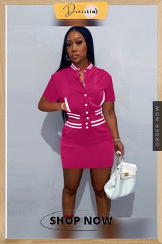 Short Sleeve Button Up Crop Top Baseball Skirt Sets Pink Buttoned Workwear Skirt, Pink Buttoned Skirt For Work, Pink Workwear Skirt With Buttons, Casual Pink Skirt With Buttons, Pink Mini Skirt With Button Closure For Spring, Stand Collar Dress, Skirt Sets, Color Pick, Short Sleeve Button Up