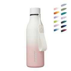 thermos water bottle is shown with different colors on it and one has a strap