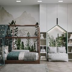 a bedroom with two bunk beds and a green forest mural on the wall