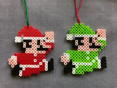 two christmas ornament ornaments made out of perler beads, one with an image of mario and luigi