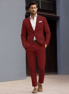 Showcase your personality with our Loro Piana Red Cotton suit that brings plenty of warmth to your look. Crafted from a Cotton Lycra blend, the bold color of the suit will exhibit your style by giving your outfit richness and an extra layer of comfort which ensures you look smart when you wear it. Combine the suiting classic with a confident new-season tone that's fun to accessorize.  Choice of the Elite, Loro Piana is owned by LVMH Moët Hennessy Louis Vuitton SE, the French multinational luxury goods conglomerate, who is parent to the world's most luxurious brands ranging from Louis Vuitton, Christian Dior, Loewe, Givenchy, Celine and many more.  Look Includes  Loro Piana Red Cotton Fabric  Two Button Jacket Style  Notch Lapel  Horn Brown Buttons  Single Vent  Three Cuff Buttons  Two Welt Red Winter Suits For Workwear, Red Long Sleeve Suit For Work, Elegant Burgundy Suit For Business Casual, Red Long Sleeve Workwear Suit, Elegant Burgundy Business Casual Suit, Elegant Tailored Red Suit, Red Notch Lapel Formal Sets, Red Notch Lapel Sets For Formal Occasions, Formal Red Sets With Suit Collar