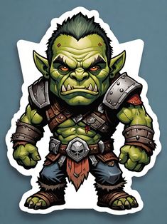 a sticker with an image of a green troll wearing armor and holding two swords