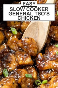 chicken with sesame seeds and green onions in a skillet that has the words general tso's chicken on it