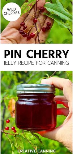 a person holding a jar of pickled cherry jelly in front of some leaves and berries