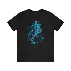 a black t - shirt with an image of a guitar on it