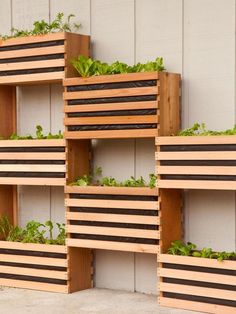 several wooden planters with plants growing in them and the words garden design ideas above it