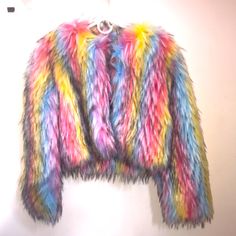 -Brand: Dolls Kill X Hororscopez -Product/Item: Multicolored Short Length Faux Fur Jacket W/ W/Snaps Down It To Close It, & Pockets. -Size: Small -Condition: Bnwt! In Perfect Condition! Never Worn!Brand New! Heavy Coat Great For Fall And Winter Nights Going Out! Sold Out Get It Here While You Still Can! Everything Is Shipped Next Day!(If Bought Before 3:30pm Est Itll Be Shipped Same Day!Until 11am Est Saturday Not Sundays If Bought Over Weekend Mostly Ship Monday/Tuesday Latest! Eco Friendly! Ev Fun Multicolor Winter Outerwear, Fun Pink Outerwear For Winter, Fun Pink Winter Outerwear, Rainbow Long Sleeve Winter Outerwear, Fun Multicolor Long Sleeve Outerwear, Yellow Fall Party Outerwear, Multicolor Long Sleeve Fur Coat For Fall, Trendy Rainbow Long Sleeve Outerwear, Trendy Rainbow Outerwear For Spring