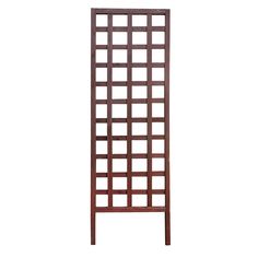 a tall wooden rack with many squares on the top and bottom, against a white background