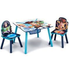 two children's chairs and table with toy cars on them