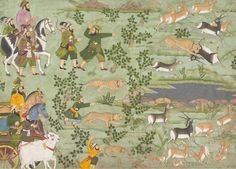 an old painting with animals and people on it