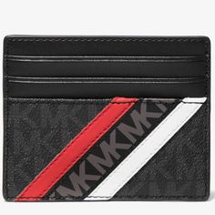 Michael Kors Cooper Logo Stripe Card Case Nwt Style # 36f0lcod2b Card Case Logo-Print Canvas 69% Coated Canvas/17% Polyester/13% Cotton/1% Polyurethane Trim: 100% Leather Exterior Details: 2 Front Card Slots, 2 Back Card Slots Lining: 100% Polyester Imported Designer Black Card Holder With Rfid Blocking, Designer Black Wallets With Interior Card Slots, Classic Black Card Holder With Logo, Black Leather Card Holder With Logo, Black Rectangular Wallet With Logo, Black Rectangular Wallets With Logo, Black Business Wallet With Logo, Black Bifold Wallet With Logo, Mk Wallet