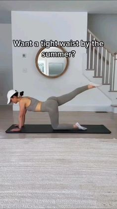 a woman doing yoga in front of stairs with the caption saying, want a tight waist by the summer?