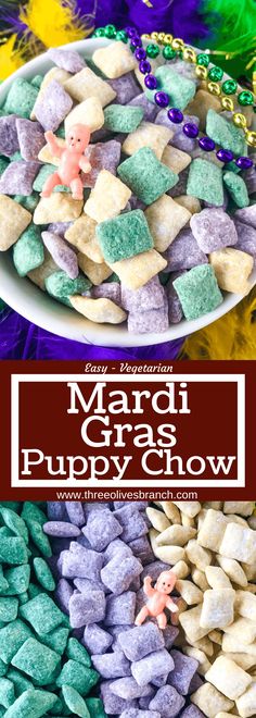 mardi gras puppy chow recipe with text overlay