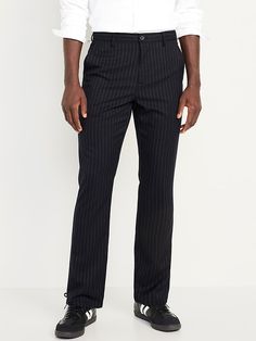 Pinstripe High-waisted Pants With Pockets, Fitted Straight Pants With Vertical Stripes, Classic Striped Pants With Belt Loops, Striped Fitted Bottoms With Tapered Leg, Vertical Stripes Long Pants For Work, Tailored Striped Pants With Pockets, Striped Straight Leg Bottoms With Pockets, Casual Fitted Bottoms With Contrast Stripes, Fitted Casual Bottoms With Contrast Stripes