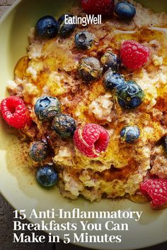 a bowl filled with cereal and berries on top of a table next to the words 15 anti - inflamatory breakfasts you can make in 5 minutes