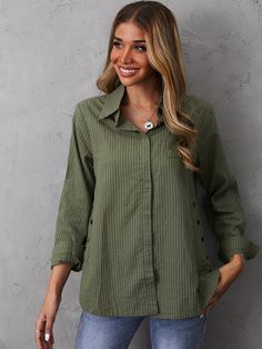 Yellow Collared Solid Buttons Casual Long Sleeve Shirts & Tops Long Sleeve Tops With Pockets For Spring, Green Casual Collar Top, Green Casual Tops With Collar, Casual Green Top With Casual Collar, Relaxed Fit Top With Casual Collar For Spring, Relaxed Fit Casual Collar Top For Spring, Fall Tops With Casual Collar In Solid Color, Fall Casual Collar Solid Color Tops, Solid Color Tops With Casual Collar For Fall