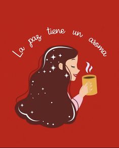 a woman holding a cup of coffee with the words la foge vie un obsero on it