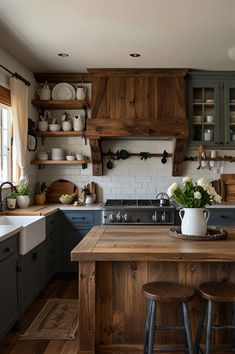 a kitchen with wooden cabinets and counter tops