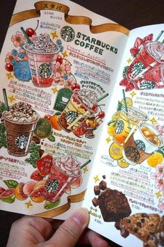 the starbucks coffee menu is open to show different drinks and desserts on it's pages