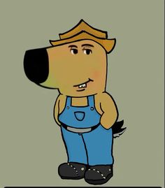 a drawing of a dog wearing overalls and a hat with his paw on his chest