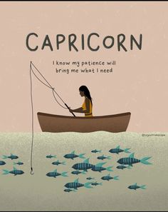 a woman in a boat with fish on it and the caption capricorn i know my preference will bring me what i need