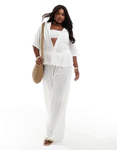 ASOS DESIGN Curve crinkle wide leg beach pants in white - part of a set | ASOS White Pants For Beach Cover-up In Spring, Summer White Two-piece Set, Casual Two-piece Pants For Vacation, Two-piece Wide Leg Pant Set For Summer, White Two-piece Beachwear Set, Casual Two-piece Pant Set For Vacation, Spring Vacation Pant Set With Wide Leg, Wide Leg Pant Set For Spring Vacation, Spring Vacation Wide Leg Pant Set