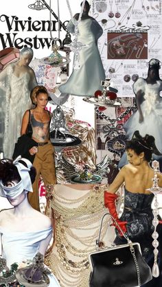 a collage of mannequins, dresses and jewelry