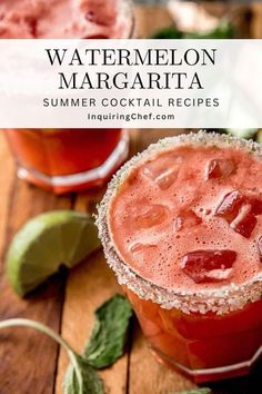 two glasses filled with watermelon margaritas on top of a wooden table