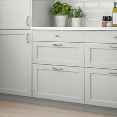 a kitchen with white cabinets and plants on the counter