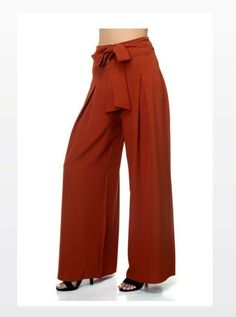 New Haute Monde Pleated Front Tie Palazzo Pants- Brick- Size Small - Womens. Condition is New with tags. Shipped with USPS First Class. **All measurements were taken laying flat on the floor** Measurements: 43 in. Front lenght. 32 in. Inseam. 14 1/2 in. High waist width. 13 in. from high waist to crotch. The fabric on these pants is high quality. They are flowy and lightweight. These pants are great for a party. The belt is not removable. It is a self tie belt. 🌟AVAILABLE IN SIZES MEDIUM AND LA Pleated Palazzo Pants, Wedding Pants, Fall Wedding Guest, Brick Colors, Belted Pants, Fabric Belt, On The Floor, Palazzo Pants, The Floor