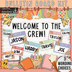 a bulletin board with the words welcome to the crew and other items for writing choices